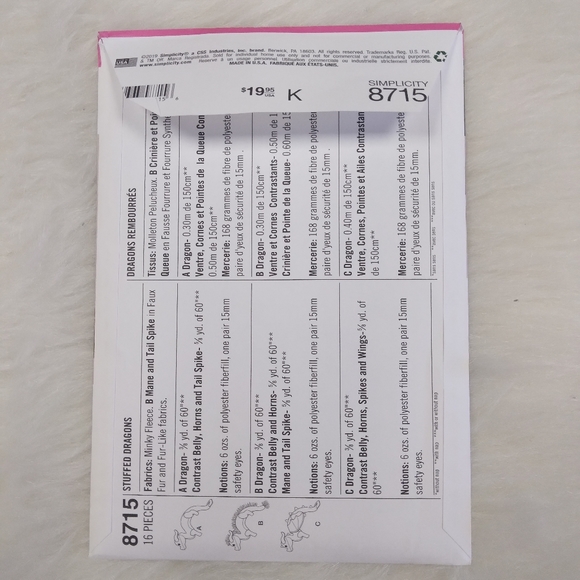 Simplicity 8715 Dragon dolls in 3 styles, Style C has WINGS! - Picture 4 of 4